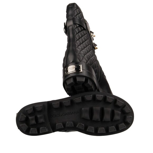 Dolce & Gabbana - Quilted Leather Biker Combat Boots with Logo and Studs Black 4 - Picture 4 of 5